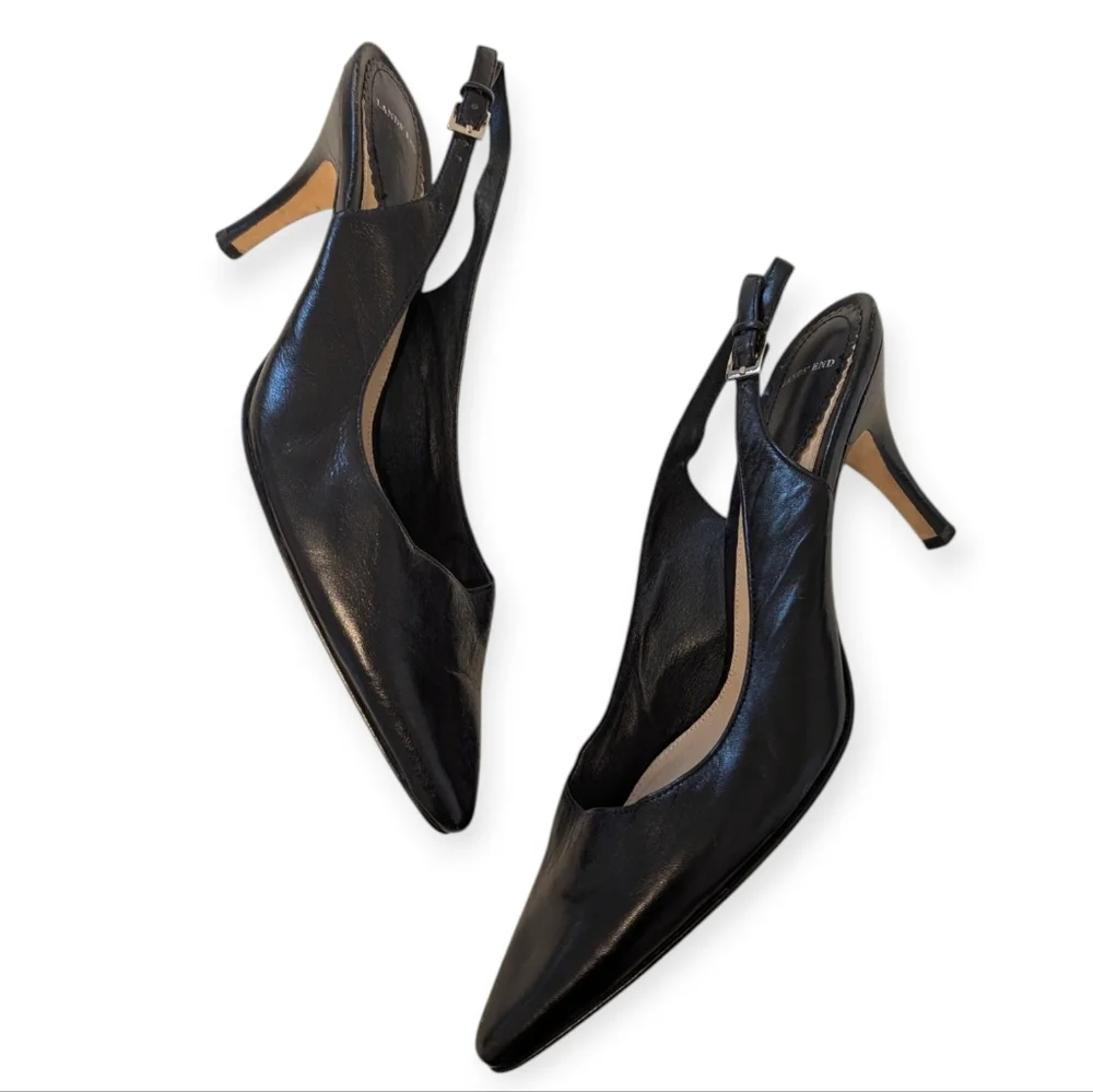 SLINGBACK PUMPS Black Leather Pointed Toe 2” Stacked Heel 8.5 Lands End